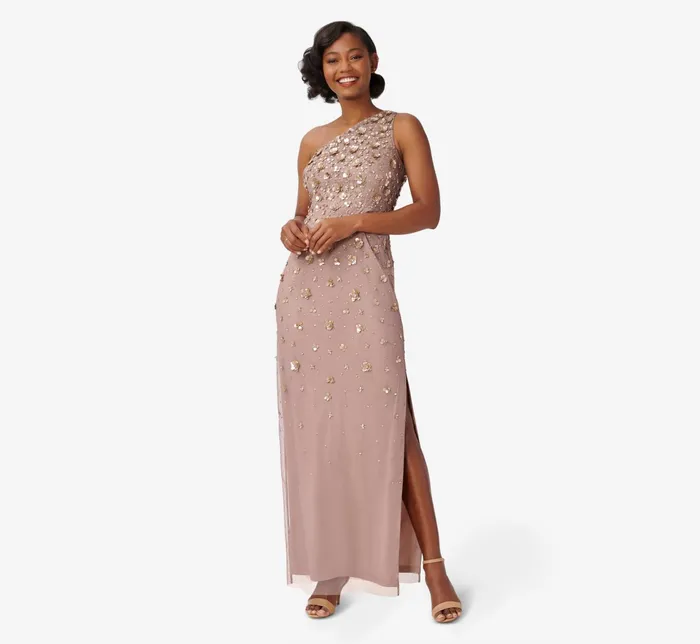 Adrianna Papell 3D Floral HandBeaded OneShoulder Long Column Gown In Stone Stone Women Long Dresses Adrianna Papell 3D Floral HandBeaded OneShoulder Long Column Gown In Stone Stone Women Long Dresses