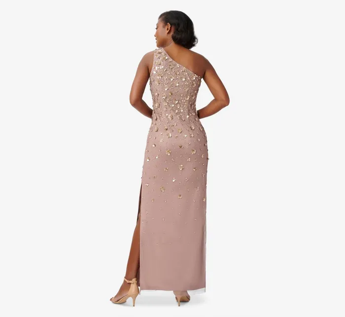Adrianna Papell 3D Floral HandBeaded OneShoulder Long Column Gown In Stone Stone Women Long Dresses Adrianna Papell 3D Floral HandBeaded OneShoulder Long Column Gown In Stone Stone Women Long Dresses