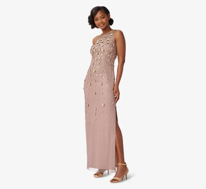 Adrianna Papell 3D Floral HandBeaded OneShoulder Long Column Gown In Stone Stone Women Long Dresses Adrianna Papell 3D Floral HandBeaded OneShoulder Long Column Gown In Stone Stone Women Long Dresses