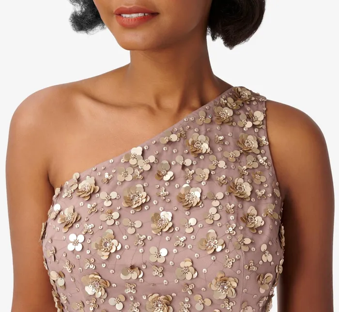 Adrianna Papell 3D Floral HandBeaded OneShoulder Long Column Gown In Stone Stone Women Long Dresses Adrianna Papell 3D Floral HandBeaded OneShoulder Long Column Gown In Stone Stone Women Long Dresses