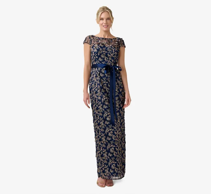 Adrianna Papell 3D Metallic Floral Embroidered Mesh Column Gown In Navy Rosegold NavyRosegold Women Floral Dresses Adrianna Papell 3D Metallic Floral Embroidered Mesh Column Gown In Navy Rosegold NavyRosegold Women Floral Dresses