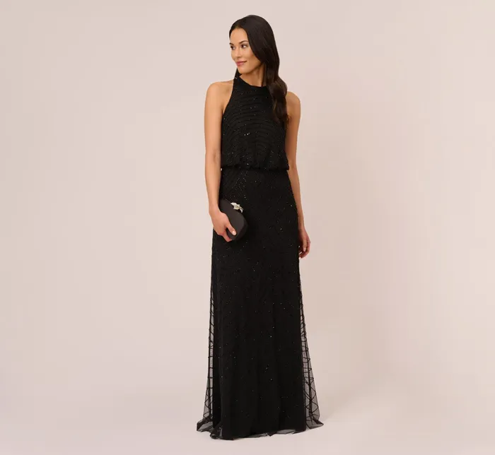 Adrianna Papell Art Deco Beaded Blouson Dress With Halter Neckline In Black Black BlackBlack Women Long Dresses Adrianna Papell Art Deco Beaded Blouson Dress With Halter Neckline In Black Black BlackBlack Women Long Dresses