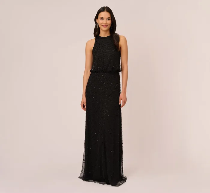 Adrianna Papell Art Deco Beaded Blouson Dress With Halter Neckline In Black Black BlackBlack Women Long Dresses Adrianna Papell Art Deco Beaded Blouson Dress With Halter Neckline In Black Black BlackBlack Women Long Dresses