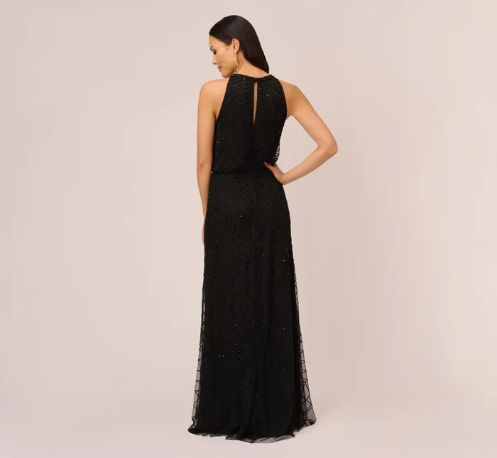 Adrianna Papell Art Deco Beaded Blouson Dress With Halter Neckline In Black Black BlackBlack Women Long Dresses Adrianna Papell Art Deco Beaded Blouson Dress With Halter Neckline In Black Black BlackBlack Women Long Dresses