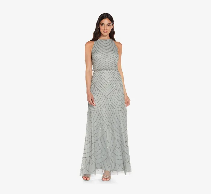 Adrianna Papell Art Deco Beaded Blouson Dress With Halter Neckline In Blue Mist Blue Mist Women Long Dresses Adrianna Papell Art Deco Beaded Blouson Dress With Halter Neckline In Blue Mist Blue Mist Women Long Dresses