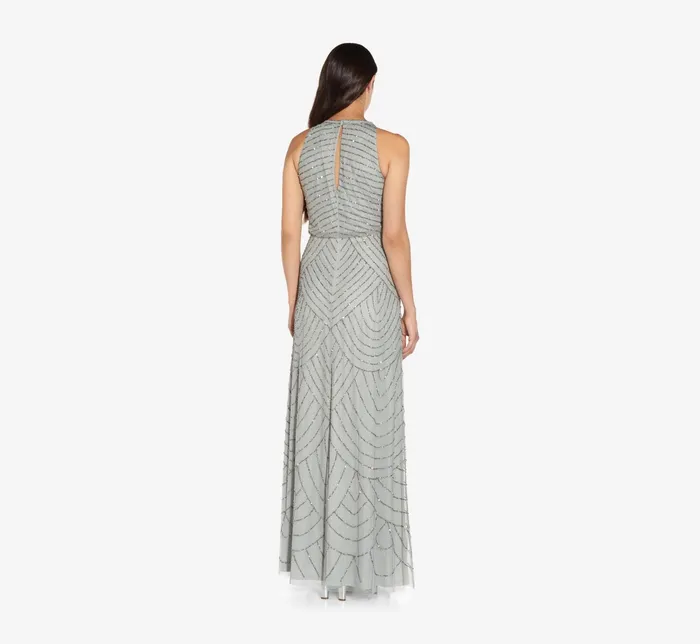 Adrianna Papell Art Deco Beaded Blouson Dress With Halter Neckline In Blue Mist Blue Mist Women Long Dresses Adrianna Papell Art Deco Beaded Blouson Dress With Halter Neckline In Blue Mist Blue Mist Women Long Dresses