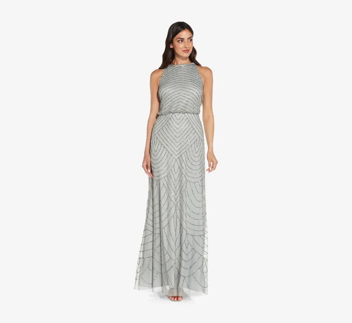 Adrianna Papell Art Deco Beaded Blouson Dress With Halter Neckline In Blue Mist Blue Mist Women Long Dresses Adrianna Papell Art Deco Beaded Blouson Dress With Halter Neckline In Blue Mist Blue Mist Women Long Dresses