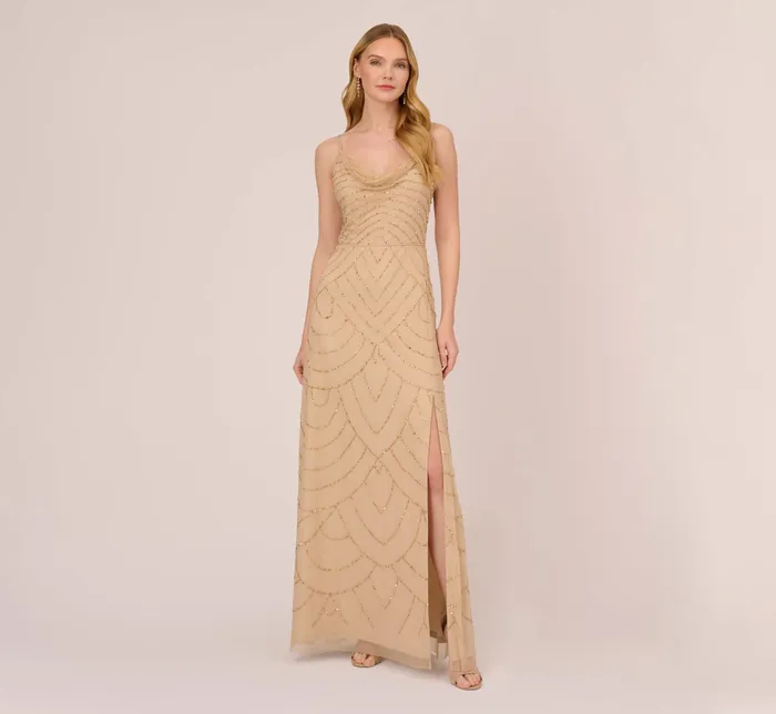 Adrianna Papell Art Deco Beaded Mermaid Gown With Cowl Neckline In Champagne Gold ChampagneGold Women Formal Dresses Adrianna Papell Art Deco Beaded Mermaid Gown With Cowl Neckline In Champagne Gold ChampagneGold Women Formal Dresses