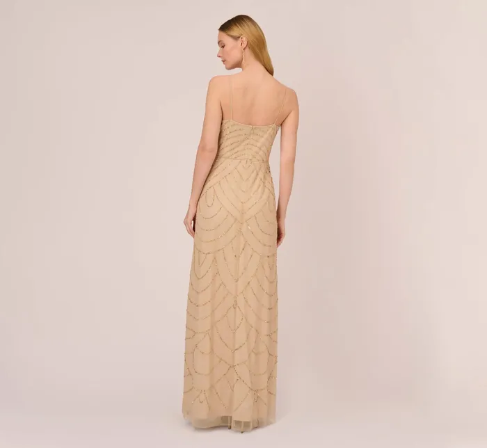 Adrianna Papell Art Deco Beaded Mermaid Gown With Cowl Neckline In Champagne Gold ChampagneGold Women Formal Dresses Adrianna Papell Art Deco Beaded Mermaid Gown With Cowl Neckline In Champagne Gold ChampagneGold Women Formal Dresses