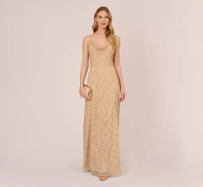 Adrianna Papell Art Deco Beaded Mermaid Gown With Cowl Neckline In Champagne Gold ChampagneGold Women Formal Dresses Adrianna Papell Art Deco Beaded Mermaid Gown With Cowl Neckline In Champagne Gold ChampagneGold Women Formal Dresses
