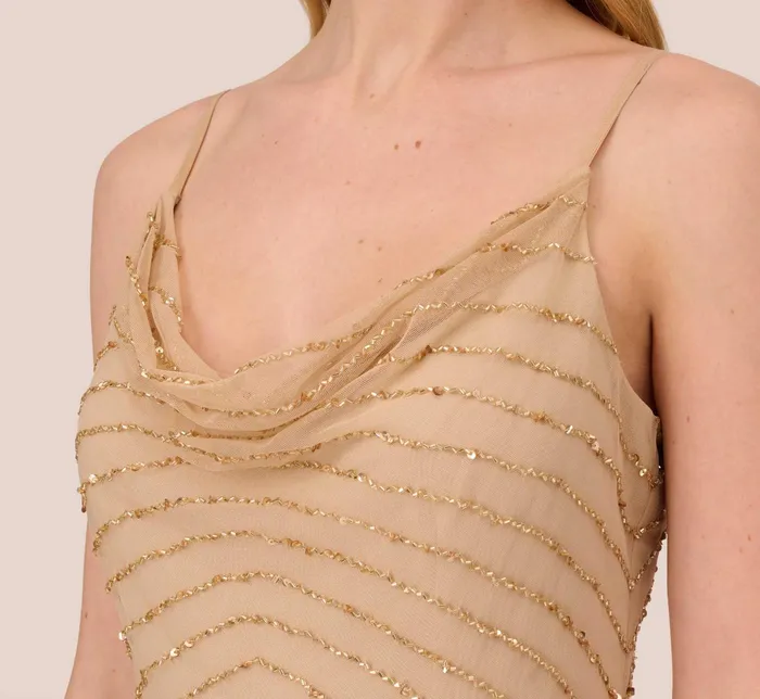 Adrianna Papell Art Deco Beaded Mermaid Gown With Cowl Neckline In Champagne Gold ChampagneGold Women Formal Dresses Adrianna Papell Art Deco Beaded Mermaid Gown With Cowl Neckline In Champagne Gold ChampagneGold Women Formal Dresses