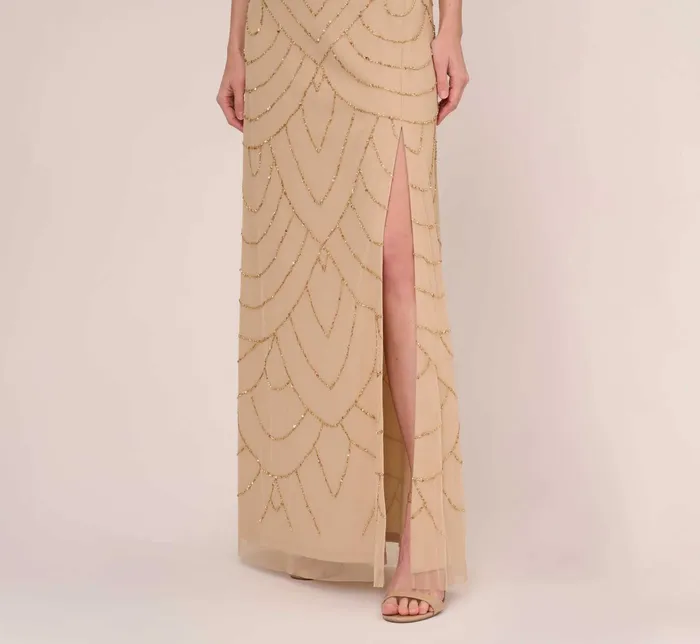 Adrianna Papell Art Deco Beaded Mermaid Gown With Cowl Neckline In Champagne Gold ChampagneGold Women Formal Dresses Adrianna Papell Art Deco Beaded Mermaid Gown With Cowl Neckline In Champagne Gold ChampagneGold Women Formal Dresses
