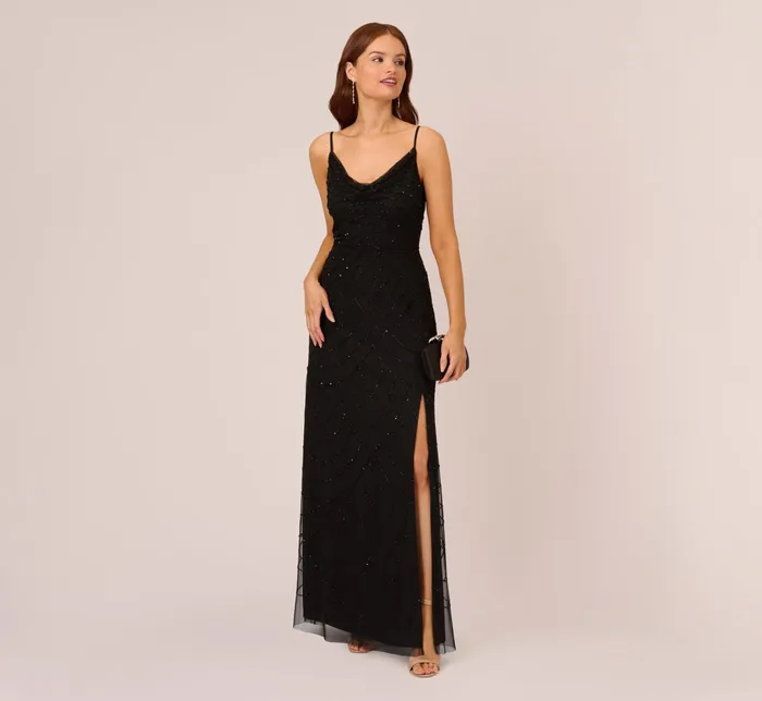 Adrianna Papell Art Deco Beaded Mermaid Gown With Cowl Neckline In Champagne Gold ChampagneGold Women Formal Dresses Adrianna Papell Art Deco Beaded Mermaid Gown With Cowl Neckline In Champagne Gold ChampagneGold Women Formal Dresses