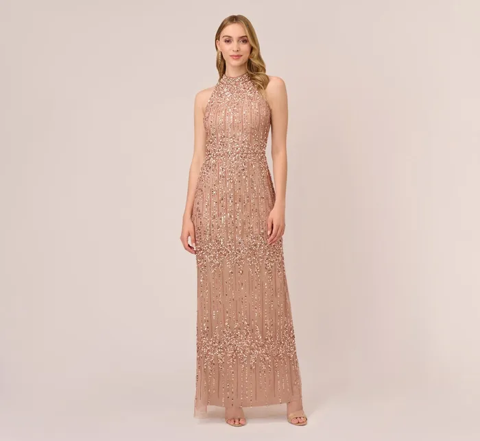 Adrianna Papell Beaded Column Gown With Mock Neckline In Rose Gold Rose Gold Women Long Dresses Adrianna Papell Beaded Column Gown With Mock Neckline In Rose Gold Rose Gold Women Long Dresses