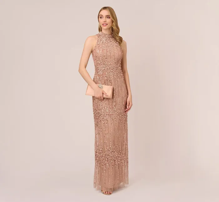 Adrianna Papell Beaded Column Gown With Mock Neckline In Rose Gold Rose Gold Women Long Dresses Adrianna Papell Beaded Column Gown With Mock Neckline In Rose Gold Rose Gold Women Long Dresses