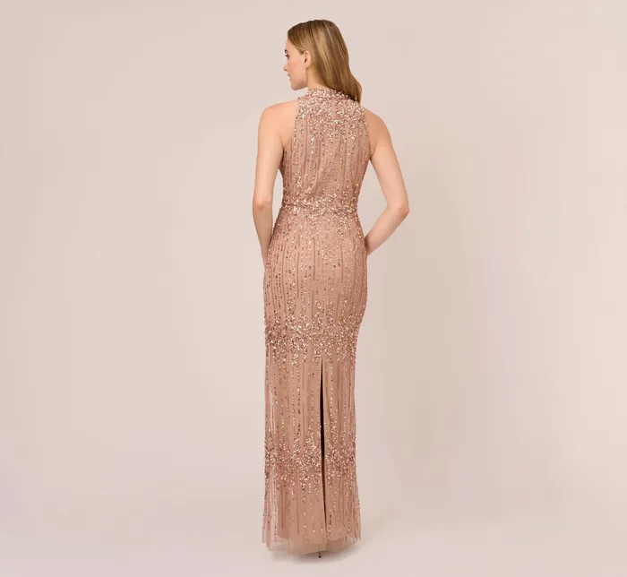 Adrianna Papell Beaded Column Gown With Mock Neckline In Rose Gold Rose Gold Women Long Dresses Adrianna Papell Beaded Column Gown With Mock Neckline In Rose Gold Rose Gold Women Long Dresses