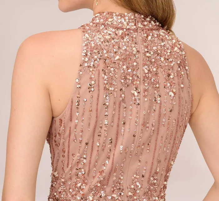 Adrianna Papell Beaded Column Gown With Mock Neckline In Rose Gold Rose Gold Women Long Dresses Adrianna Papell Beaded Column Gown With Mock Neckline In Rose Gold Rose Gold Women Long Dresses
