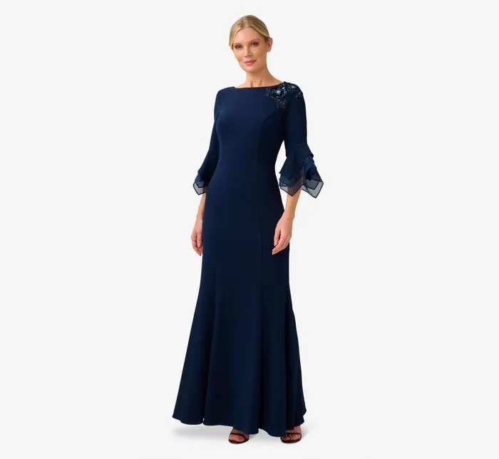 Adrianna Papell Beaded Crepe Long FitAndFlare Gown In Midnight Midnight Women Long Dresses