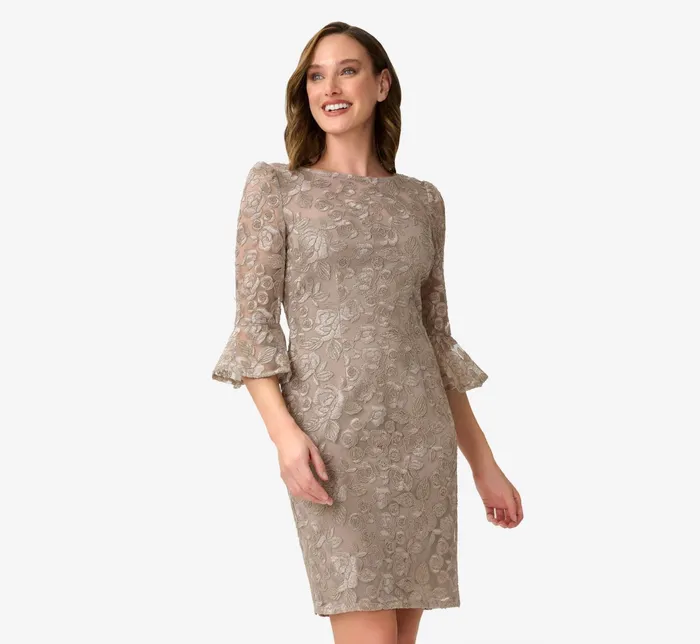 Adrianna Papell Bell Sleeve Rose Embroidered Sheath Dress In Marble Marble Women Day Dresses Adrianna Papell Bell Sleeve Rose Embroidered Sheath Dress In Marble Marble Women Day Dresses