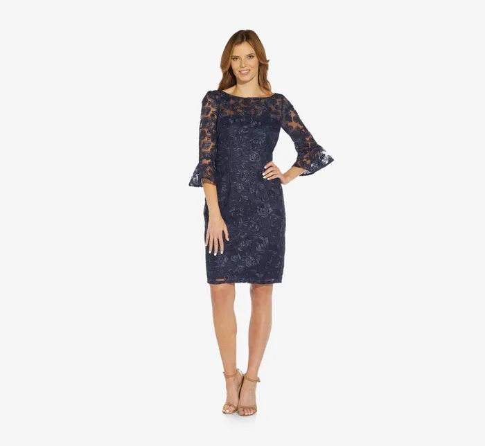 Adrianna Papell Bell Sleeve Rose Embroidered Sheath Dress In Midnight Midnight Women Short Dresses Adrianna Papell Bell Sleeve Rose Embroidered Sheath Dress In Midnight Midnight Women Short Dresses