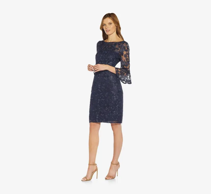 Adrianna Papell Bell Sleeve Rose Embroidered Sheath Dress In Midnight Midnight Women Short Dresses Adrianna Papell Bell Sleeve Rose Embroidered Sheath Dress In Midnight Midnight Women Short Dresses