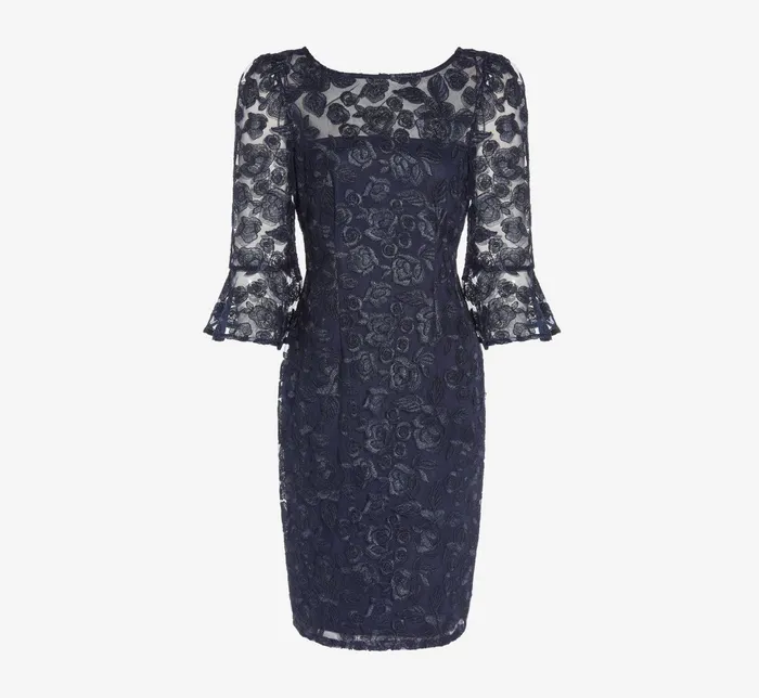Adrianna Papell Bell Sleeve Rose Embroidered Sheath Dress In Midnight Midnight Women Short Dresses Adrianna Papell Bell Sleeve Rose Embroidered Sheath Dress In Midnight Midnight Women Short Dresses