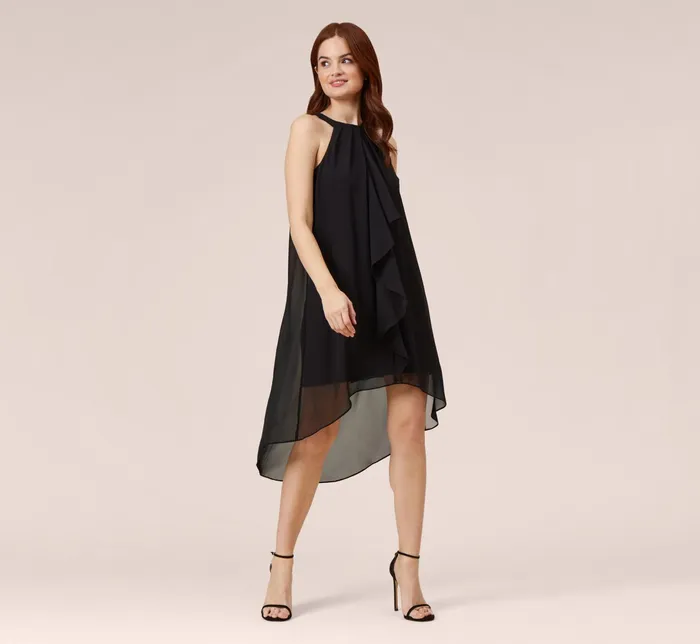 Adrianna Papell Chiffon And Stretch Jersey Short Pull On Dress With Ruffle In Black Black Women Short Dresses Adrianna Papell Chiffon And Stretch Jersey Short Pull On Dress With Ruffle In Black Black Women Short Dresses