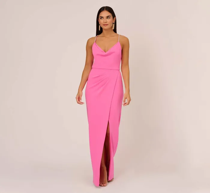 Adrianna Papell Cowl Neck Column Gown With Draped Details In Pink Parfait Pink Parfait Women Formal Dresses Adrianna Papell Cowl Neck Column Gown With Draped Details In Pink Parfait Pink Parfait Women Formal Dresses