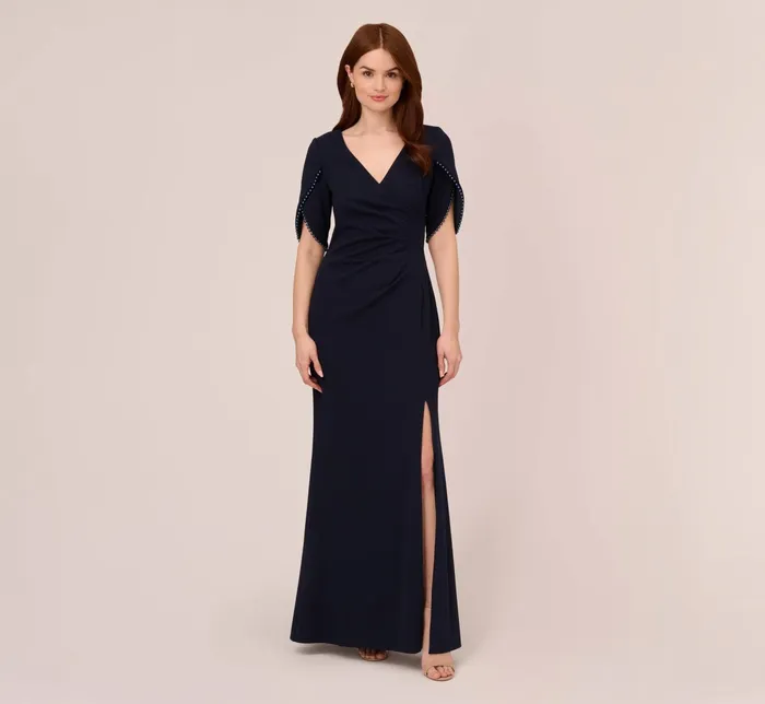 Adrianna Papell Crepe Mermaid Gown With Pearl Trim Short Sleeves In Midnight Midnight Women Long Dresses Adrianna Papell Crepe Mermaid Gown With Pearl Trim Short Sleeves In Midnight Midnight Women Long Dresses