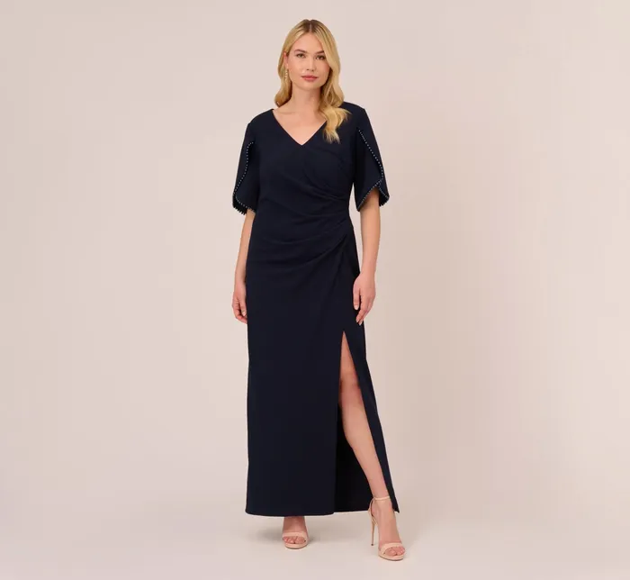 Adrianna Papell Crepe Mermaid Gown With Pearl Trim Short Sleeves In Midnight Midnight Women Long Dresses Adrianna Papell Crepe Mermaid Gown With Pearl Trim Short Sleeves In Midnight Midnight Women Long Dresses