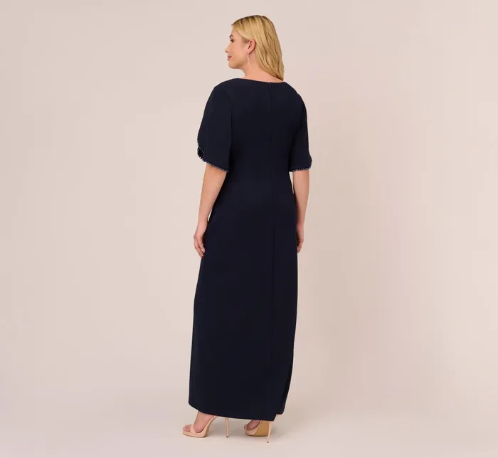Adrianna Papell Crepe Mermaid Gown With Pearl Trim Short Sleeves In Midnight Midnight Women Long Dresses Adrianna Papell Crepe Mermaid Gown With Pearl Trim Short Sleeves In Midnight Midnight Women Long Dresses