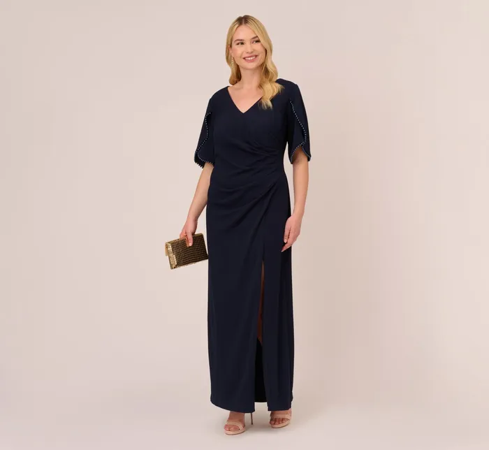 Adrianna Papell Crepe Mermaid Gown With Pearl Trim Short Sleeves In Midnight Midnight Women Long Dresses Adrianna Papell Crepe Mermaid Gown With Pearl Trim Short Sleeves In Midnight Midnight Women Long Dresses