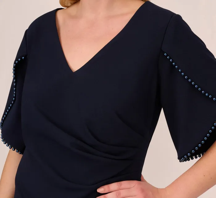 Adrianna Papell Crepe Mermaid Gown With Pearl Trim Short Sleeves In Midnight Midnight Women Long Dresses Adrianna Papell Crepe Mermaid Gown With Pearl Trim Short Sleeves In Midnight Midnight Women Long Dresses