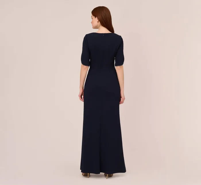 Adrianna Papell Crepe Mermaid Gown With Pearl Trim Short Sleeves In Midnight Midnight Women Long Dresses Adrianna Papell Crepe Mermaid Gown With Pearl Trim Short Sleeves In Midnight Midnight Women Long Dresses