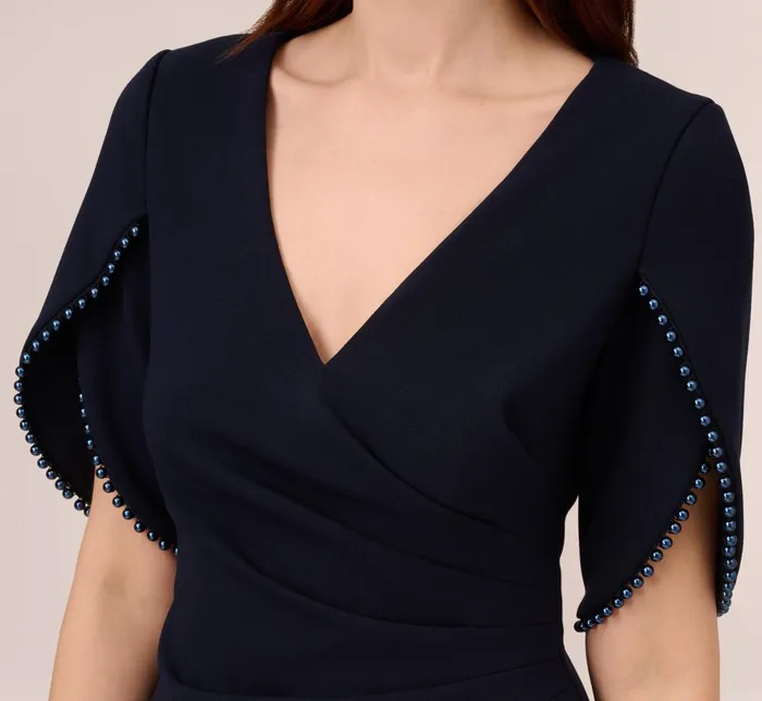 Adrianna Papell Crepe Mermaid Gown With Pearl Trim Short Sleeves In Midnight Midnight Women Long Dresses Adrianna Papell Crepe Mermaid Gown With Pearl Trim Short Sleeves In Midnight Midnight Women Long Dresses