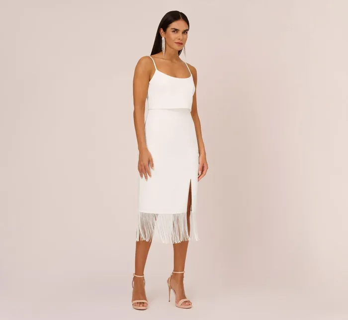 Adrianna Papell Crepe Popover Midi Dress With Fringe Trim In Ivory Ivory Women Midi Dresses Adrianna Papell Crepe Popover Midi Dress With Fringe Trim In Ivory Ivory Women Midi Dresses