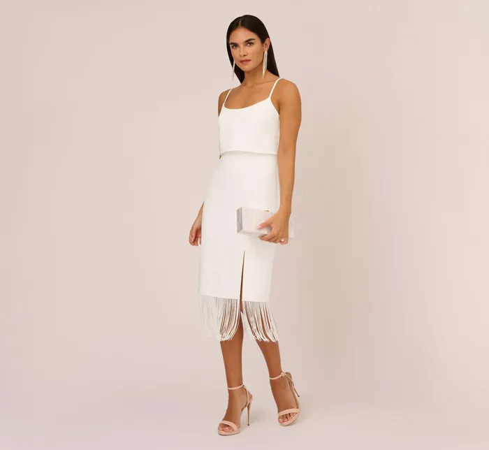 Adrianna Papell Crepe Popover Midi Dress With Fringe Trim In Ivory Ivory Women Midi Dresses Adrianna Papell Crepe Popover Midi Dress With Fringe Trim In Ivory Ivory Women Midi Dresses