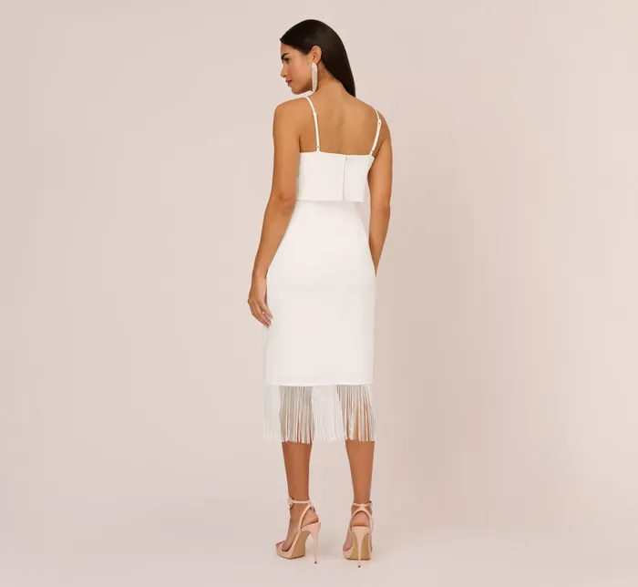 Adrianna Papell Crepe Popover Midi Dress With Fringe Trim In Ivory Ivory Women Midi Dresses Adrianna Papell Crepe Popover Midi Dress With Fringe Trim In Ivory Ivory Women Midi Dresses