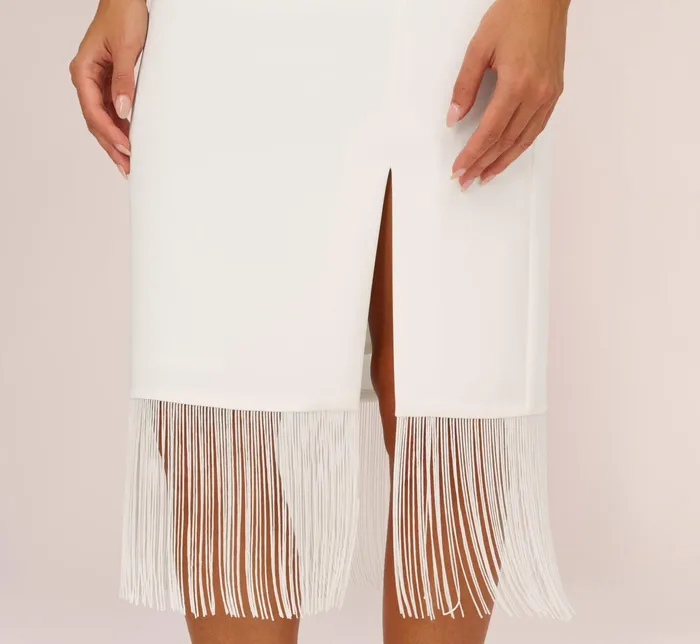 Adrianna Papell Crepe Popover Midi Dress With Fringe Trim In Ivory Ivory Women Midi Dresses Adrianna Papell Crepe Popover Midi Dress With Fringe Trim In Ivory Ivory Women Midi Dresses