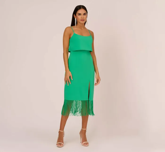 Adrianna Papell Crepe Popover Midi Dress With Fringe Trim In Summer Green Summer Green Women Midi Dresses Adrianna Papell Crepe Popover Midi Dress With Fringe Trim In Summer Green Summer Green Women Midi Dresses