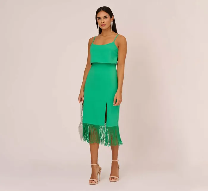 Adrianna Papell Crepe Popover Midi Dress With Fringe Trim In Summer Green Summer Green Women Midi Dresses Adrianna Papell Crepe Popover Midi Dress With Fringe Trim In Summer Green Summer Green Women Midi Dresses