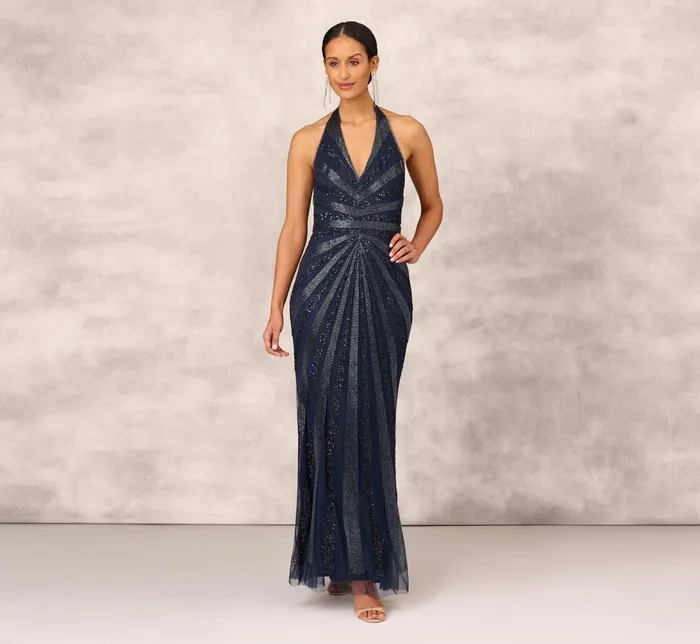 Adrianna Papell Dazzling Beaded Halter Gown With Deep VNeckline In Navy Navy Women Formal Dresses Adrianna Papell Dazzling Beaded Halter Gown With Deep VNeckline In Navy Navy Women Formal Dresses
