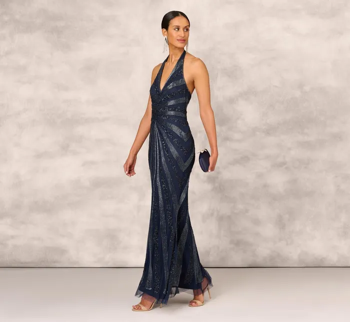 Adrianna Papell Dazzling Beaded Halter Gown With Deep VNeckline In Navy Navy Women Formal Dresses Adrianna Papell Dazzling Beaded Halter Gown With Deep VNeckline In Navy Navy Women Formal Dresses