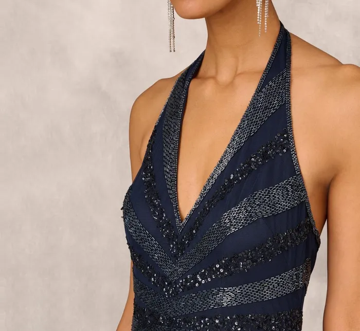 Adrianna Papell Dazzling Beaded Halter Gown With Deep VNeckline In Navy Navy Women Formal Dresses Adrianna Papell Dazzling Beaded Halter Gown With Deep VNeckline In Navy Navy Women Formal Dresses