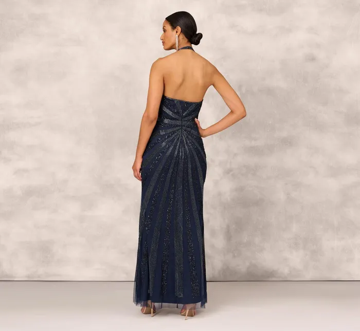 Adrianna Papell Dazzling Beaded Halter Gown With Deep VNeckline In Navy Navy Women Formal Dresses Adrianna Papell Dazzling Beaded Halter Gown With Deep VNeckline In Navy Navy Women Formal Dresses