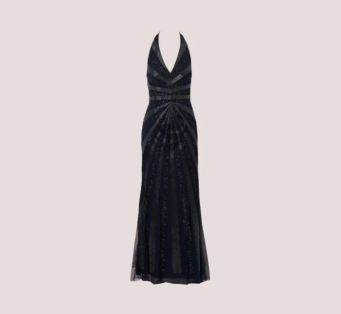 Adrianna Papell Dazzling Beaded Halter Gown With Deep VNeckline In Navy Navy Women Formal Dresses Adrianna Papell Dazzling Beaded Halter Gown With Deep VNeckline In Navy Navy Women Formal Dresses