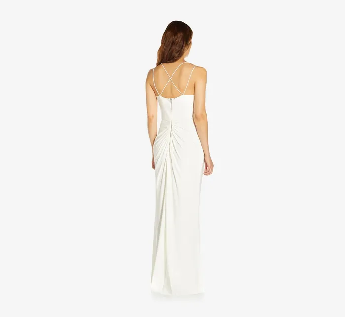 Adrianna Papell Draped Matte Jersey Gown With Deep Slit And Spaghetti Straps In Ivory Ivory Women Simple Wedding Dresses Adrianna Papell Draped Matte Jersey Gown With Deep Slit And Spaghetti Straps In Ivory Ivory Women Simple Wedding Dresses