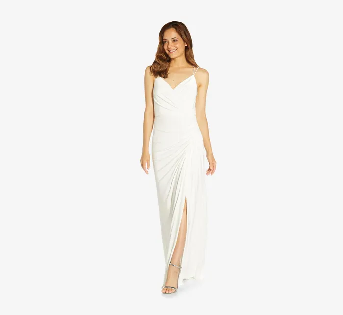Adrianna Papell Draped Matte Jersey Gown With Deep Slit And Spaghetti Straps In Ivory Ivory Women Simple Wedding Dresses Adrianna Papell Draped Matte Jersey Gown With Deep Slit And Spaghetti Straps In Ivory Ivory Women Simple Wedding Dresses