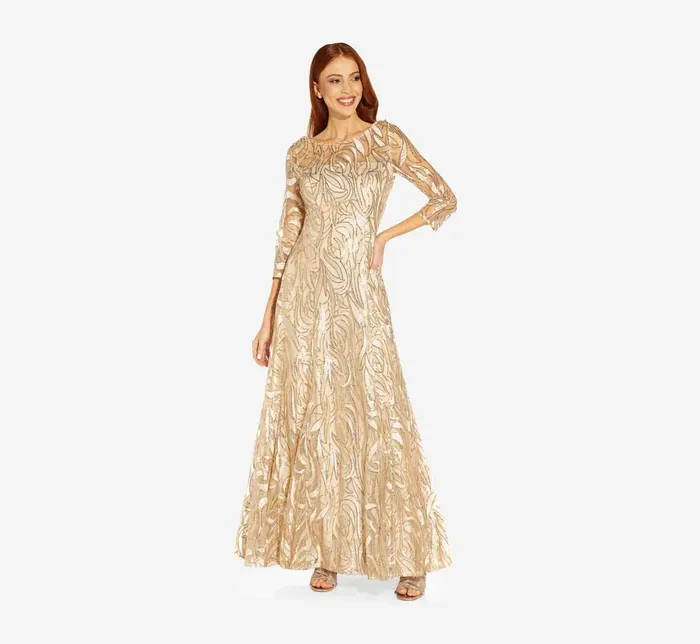 Adrianna Papell Embroidered And HandSequined Illusion ALine Long Gown In Champagne Gold Champagne Gold Women Long Dresses Adrianna Papell Embroidered And HandSequined Illusion ALine Long Gown In Champagne Gold Champagne Gold Women Long Dresses