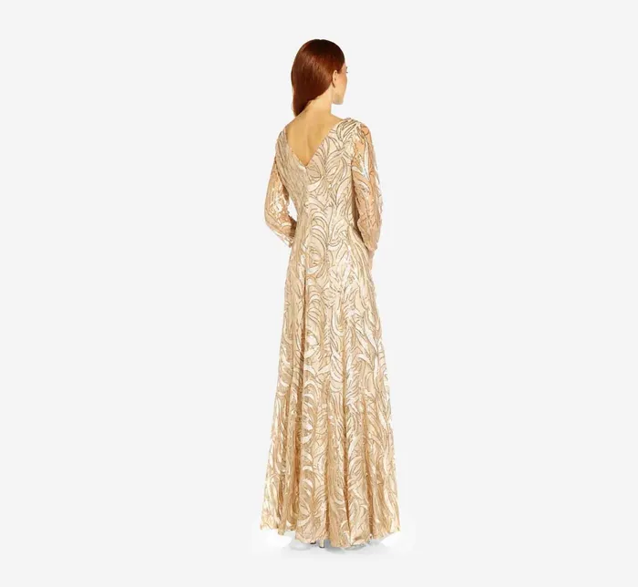 Adrianna Papell Embroidered And HandSequined Illusion ALine Long Gown In Champagne Gold Champagne Gold Women Long Dresses Adrianna Papell Embroidered And HandSequined Illusion ALine Long Gown In Champagne Gold Champagne Gold Women Long Dresses